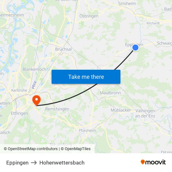 Eppingen to Hohenwettersbach map