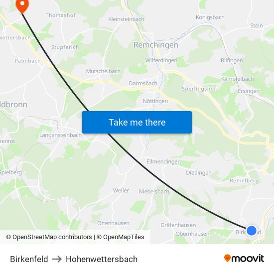 Birkenfeld to Hohenwettersbach map
