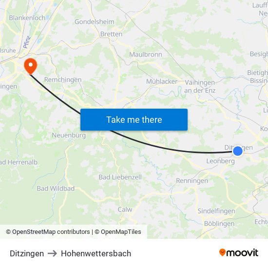 Ditzingen to Hohenwettersbach map