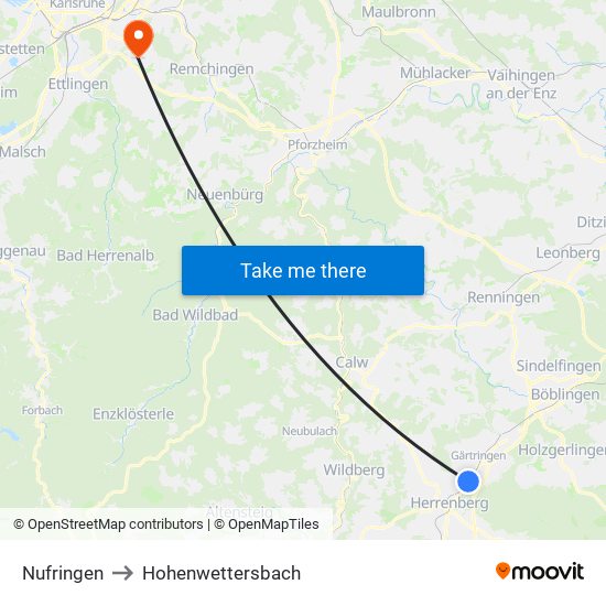 Nufringen to Hohenwettersbach map