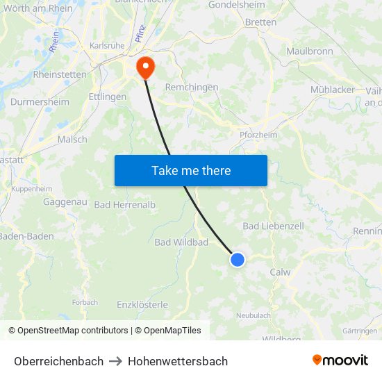 Oberreichenbach to Hohenwettersbach map