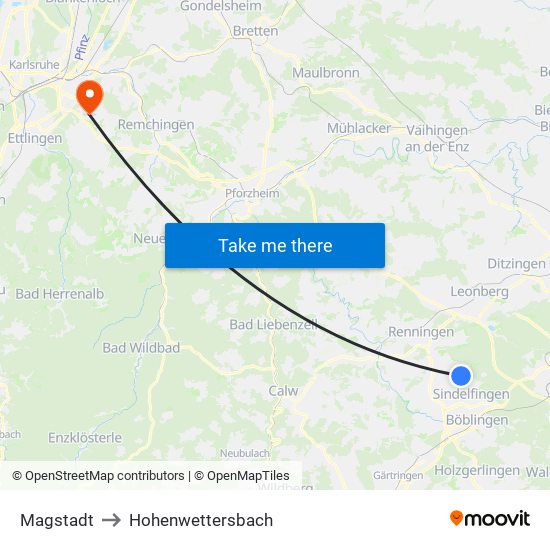 Magstadt to Hohenwettersbach map