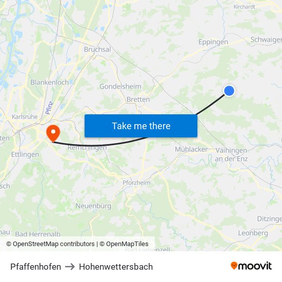 Pfaffenhofen to Hohenwettersbach map