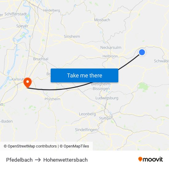 Pfedelbach to Hohenwettersbach map