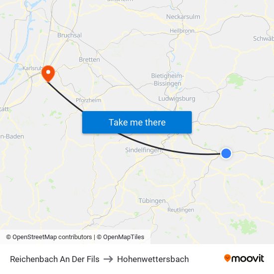 Reichenbach An Der Fils to Hohenwettersbach map