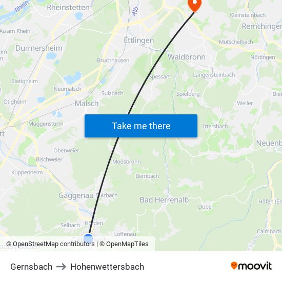 Gernsbach to Hohenwettersbach map