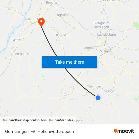 Gomaringen to Hohenwettersbach map