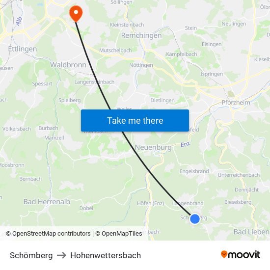 Schömberg to Hohenwettersbach map