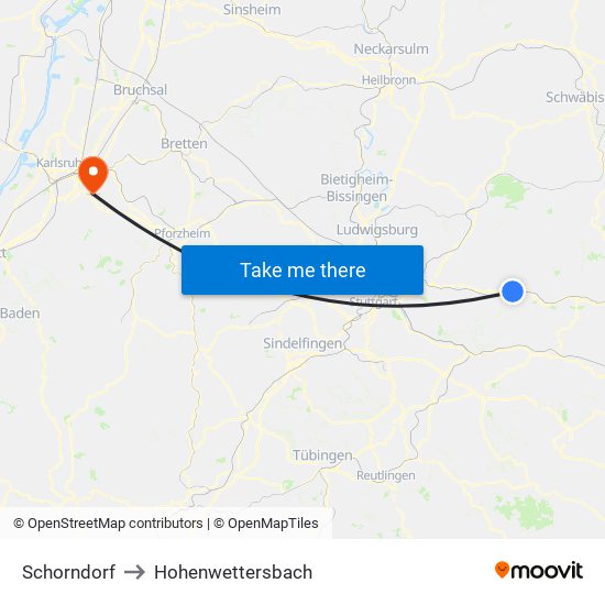 Schorndorf to Hohenwettersbach map