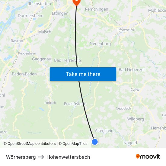 Wörnersberg to Hohenwettersbach map