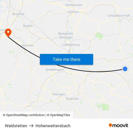 Waldstetten to Hohenwettersbach map