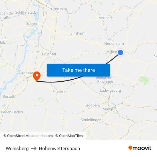 Weinsberg to Hohenwettersbach map