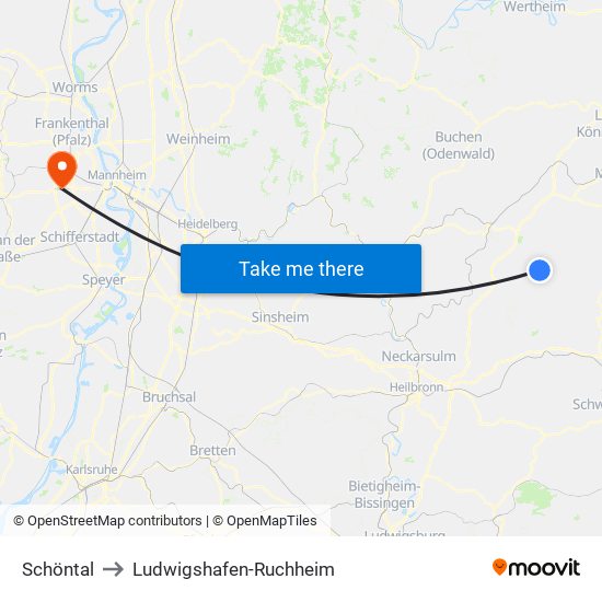 Schöntal to Ludwigshafen-Ruchheim map