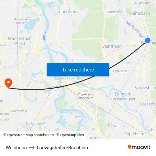 Weinheim to Ludwigshafen-Ruchheim map