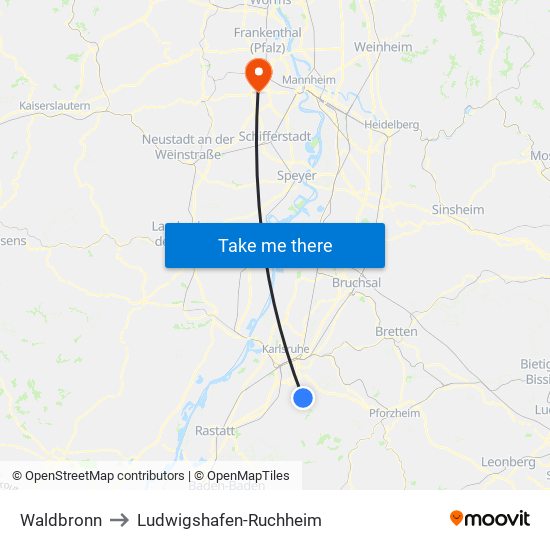 Waldbronn to Ludwigshafen-Ruchheim map