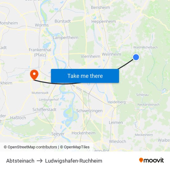 Abtsteinach to Ludwigshafen-Ruchheim map