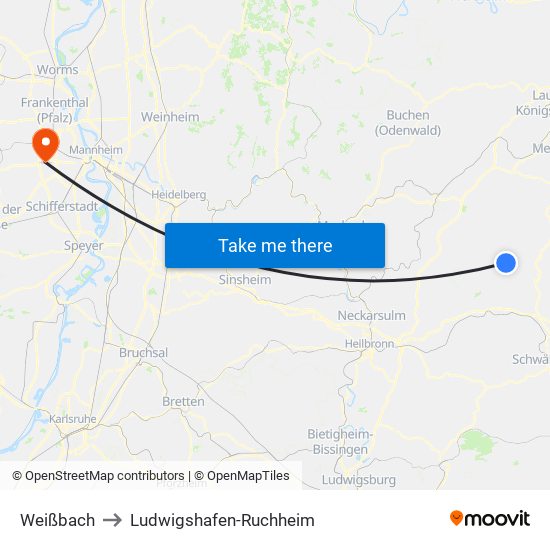 Weißbach to Ludwigshafen-Ruchheim map