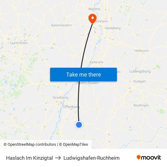 Haslach Im Kinzigtal to Ludwigshafen-Ruchheim map