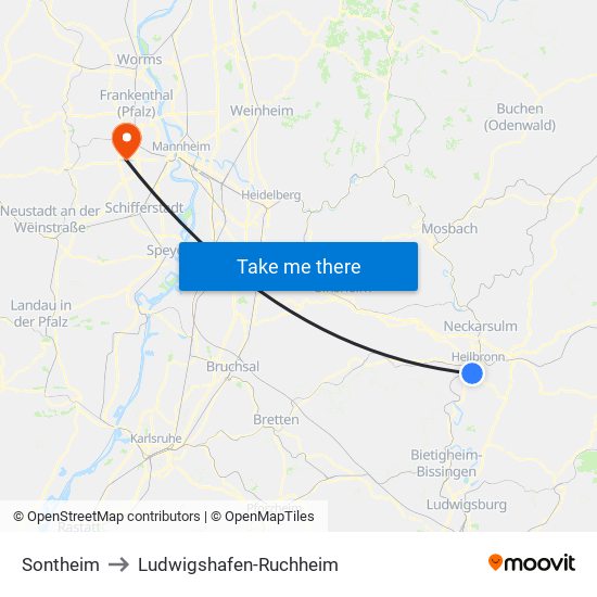 Sontheim to Ludwigshafen-Ruchheim map