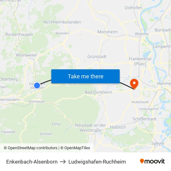 Enkenbach-Alsenborn to Ludwigshafen-Ruchheim map