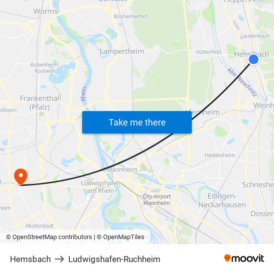 Hemsbach to Ludwigshafen-Ruchheim map