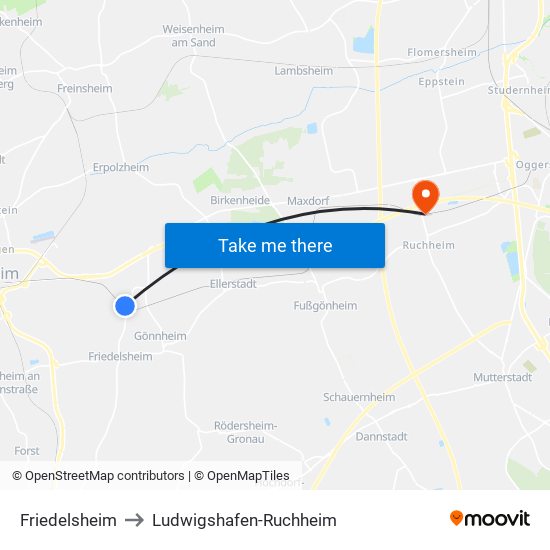 Friedelsheim to Ludwigshafen-Ruchheim map