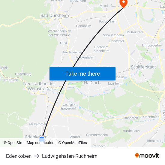 Edenkoben to Ludwigshafen-Ruchheim map