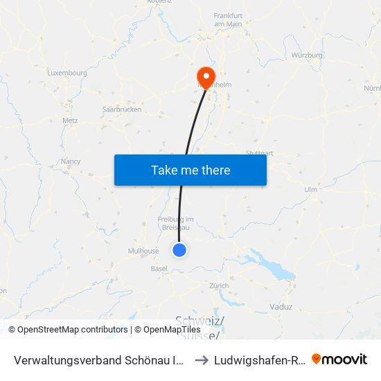 Verwaltungsverband Schönau Im Schwarzwald to Ludwigshafen-Ruchheim map