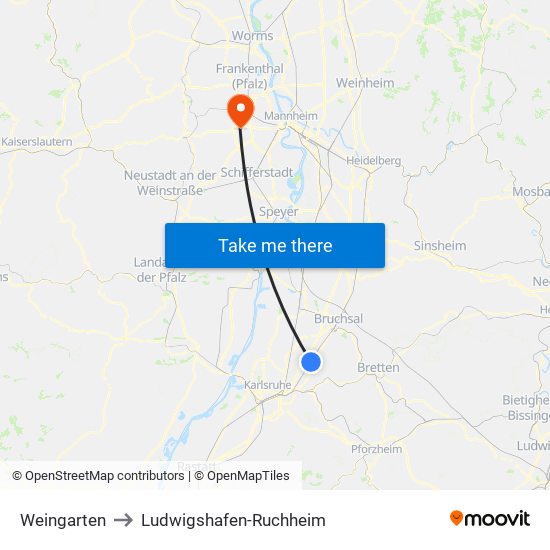 Weingarten to Ludwigshafen-Ruchheim map