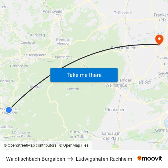 Waldfischbach-Burgalben to Ludwigshafen-Ruchheim map
