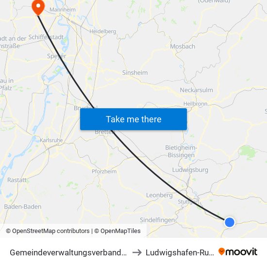 Gemeindeverwaltungsverband Plochingen to Ludwigshafen-Ruchheim map