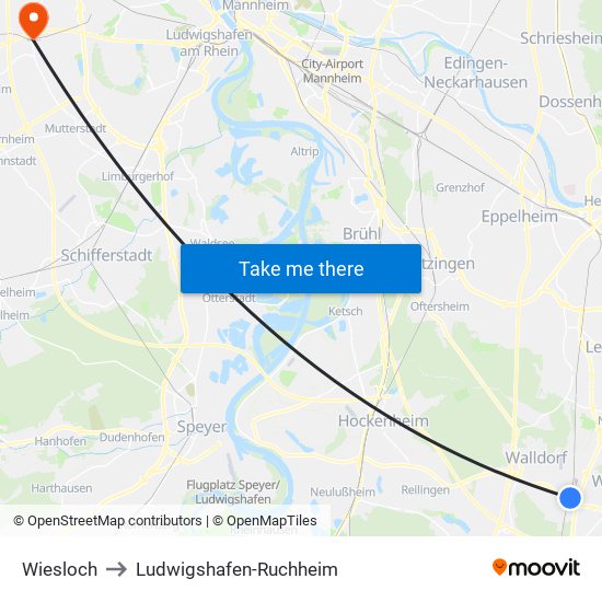 Wiesloch to Ludwigshafen-Ruchheim map