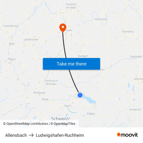 Allensbach to Ludwigshafen-Ruchheim map