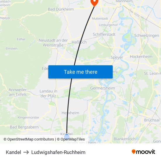 Kandel to Ludwigshafen-Ruchheim map