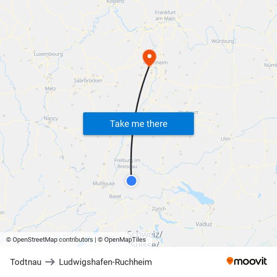 Todtnau to Ludwigshafen-Ruchheim map