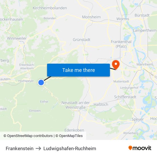 Frankenstein to Ludwigshafen-Ruchheim map