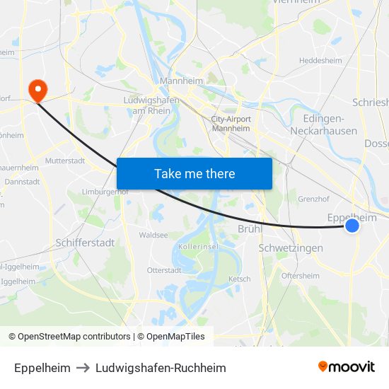 Eppelheim to Ludwigshafen-Ruchheim map