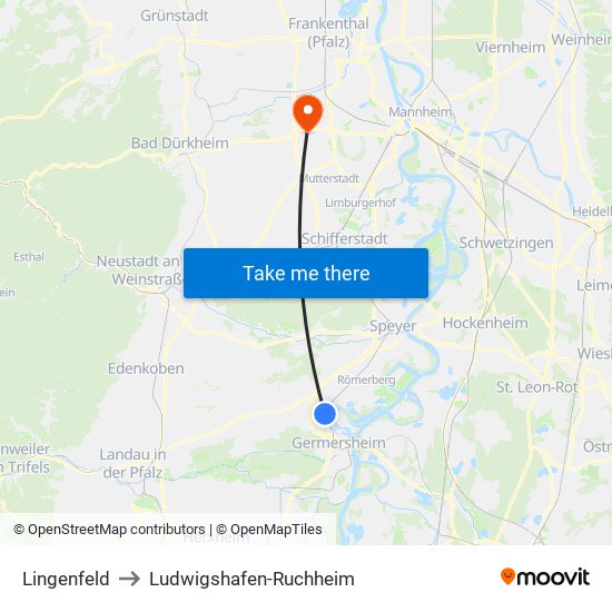 Lingenfeld to Ludwigshafen-Ruchheim map