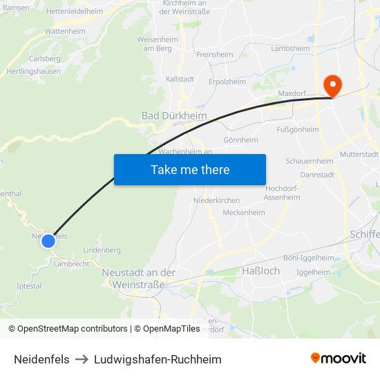 Neidenfels to Ludwigshafen-Ruchheim map