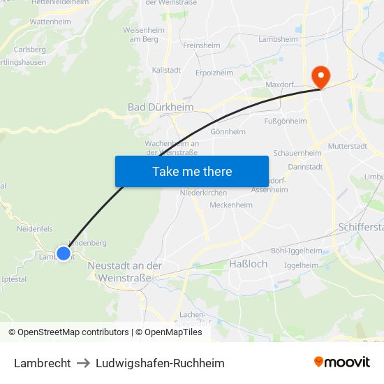 Lambrecht to Ludwigshafen-Ruchheim map