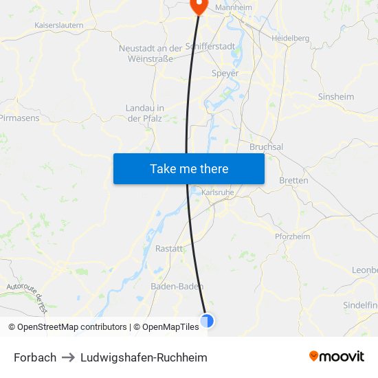 Forbach to Ludwigshafen-Ruchheim map