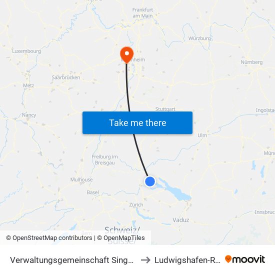 Verwaltungsgemeinschaft Singen (Hohentwiel) to Ludwigshafen-Ruchheim map