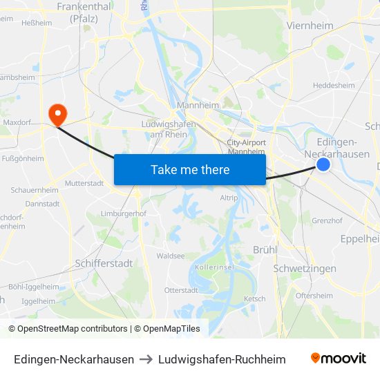Edingen-Neckarhausen to Ludwigshafen-Ruchheim map