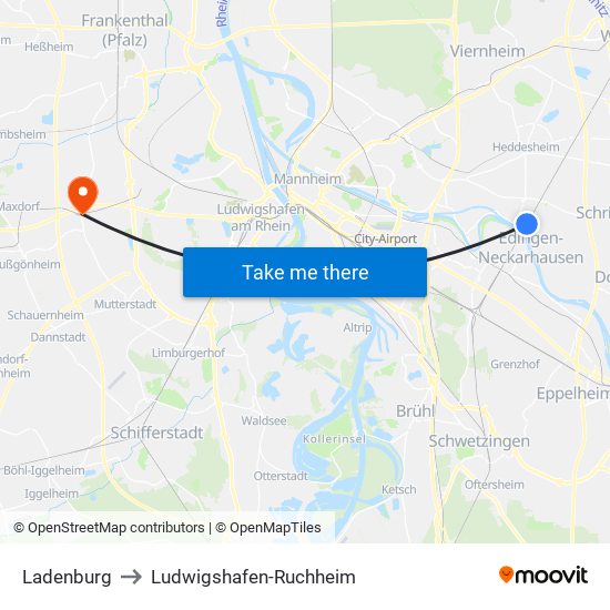 Ladenburg to Ludwigshafen-Ruchheim map