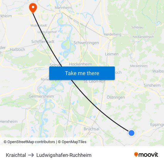 Kraichtal to Ludwigshafen-Ruchheim map