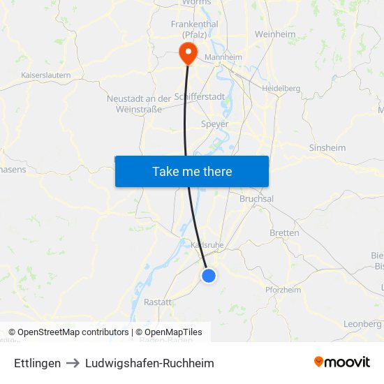 Ettlingen to Ludwigshafen-Ruchheim map