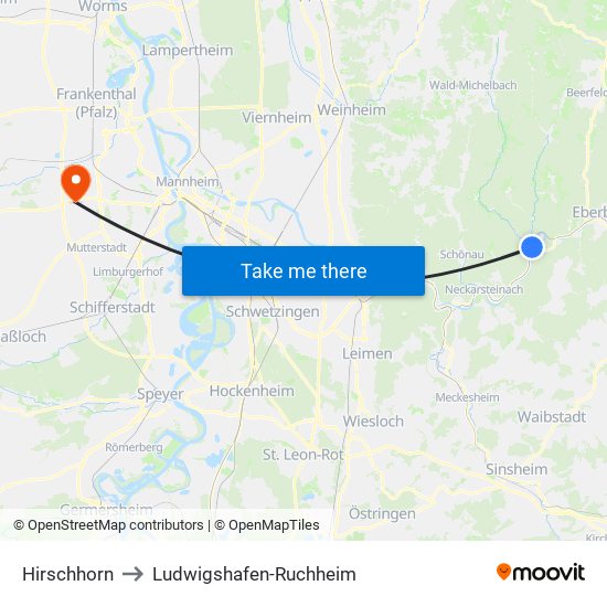 Hirschhorn to Ludwigshafen-Ruchheim map