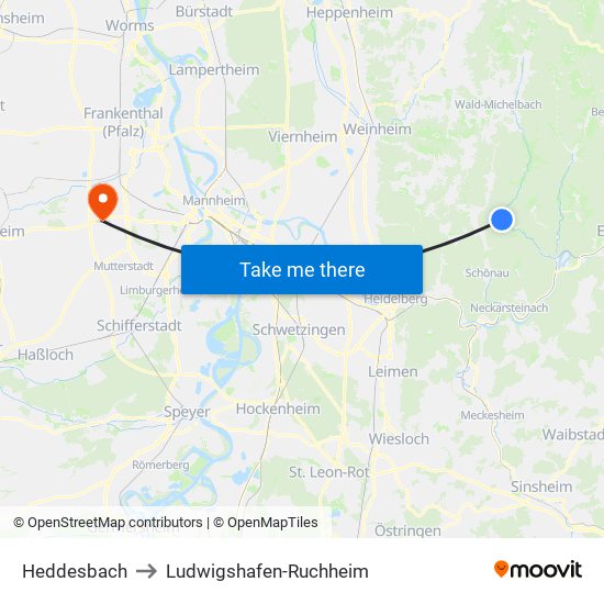 Heddesbach to Ludwigshafen-Ruchheim map