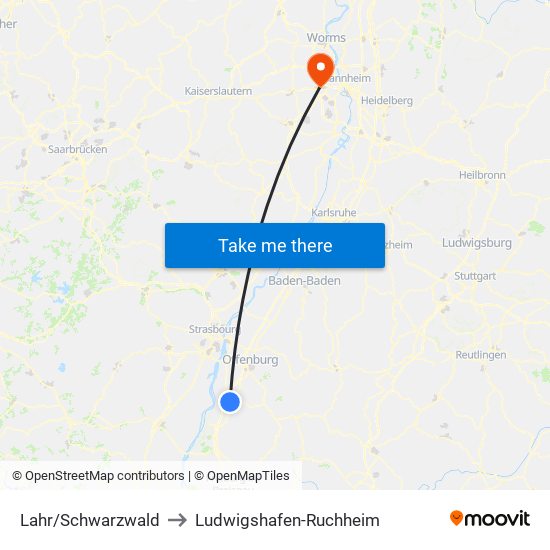 Lahr/Schwarzwald to Ludwigshafen-Ruchheim map