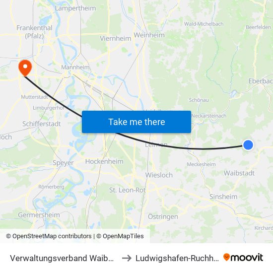 Verwaltungsverband Waibstadt to Ludwigshafen-Ruchheim map